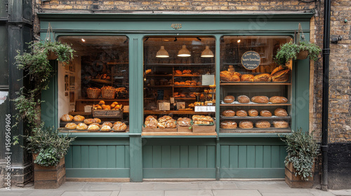 A bakery with a green front door and a window display of bread. The bakery is open and inviting