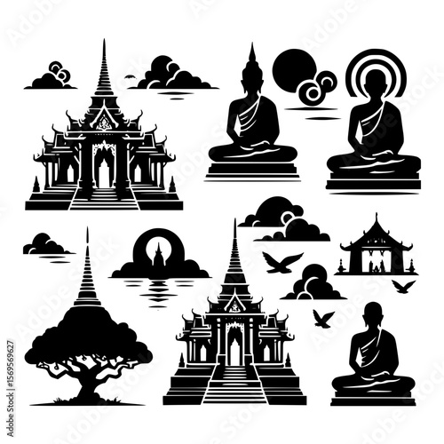 Silhouetted temples and buddha statues against a white background