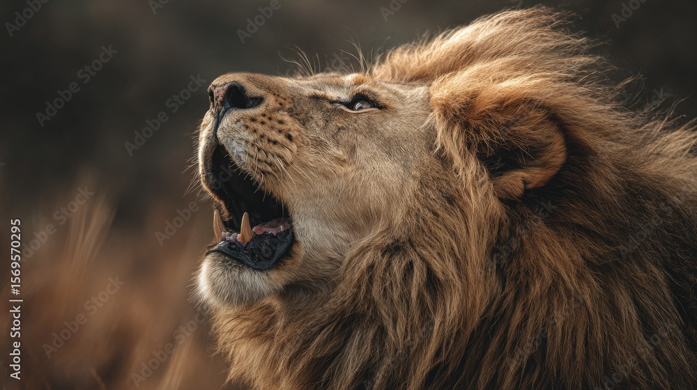 Fototapeta premium close-up of lion roaring with mane blowing, color tones: golden tawny, dark brown, and savannah tan