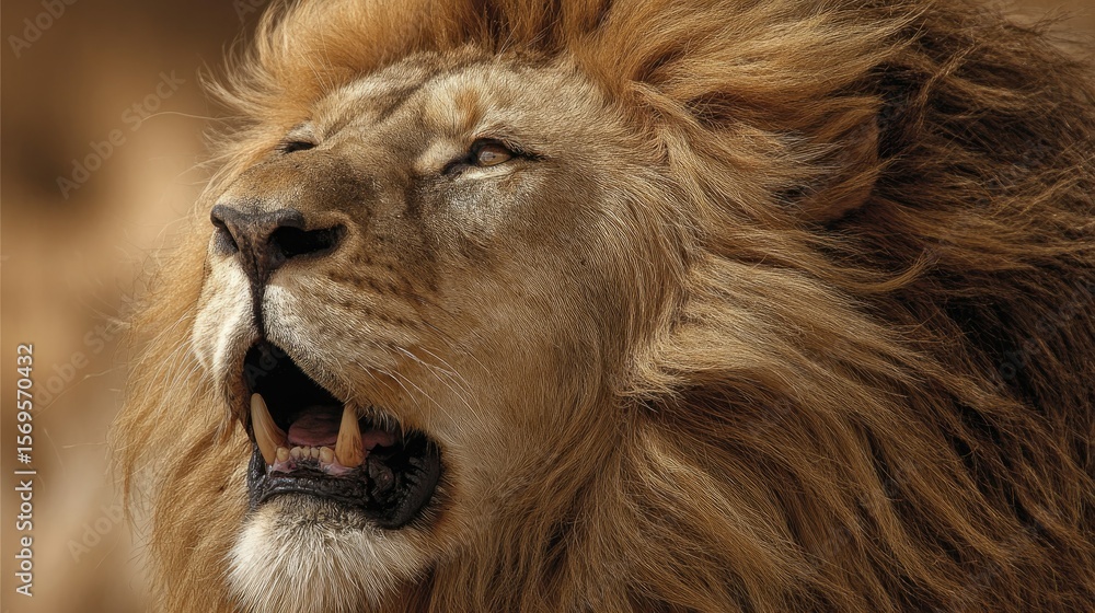 Naklejka premium close-up of lion roaring with mane blowing, color tones: golden tawny, dark brown, and savannah tan