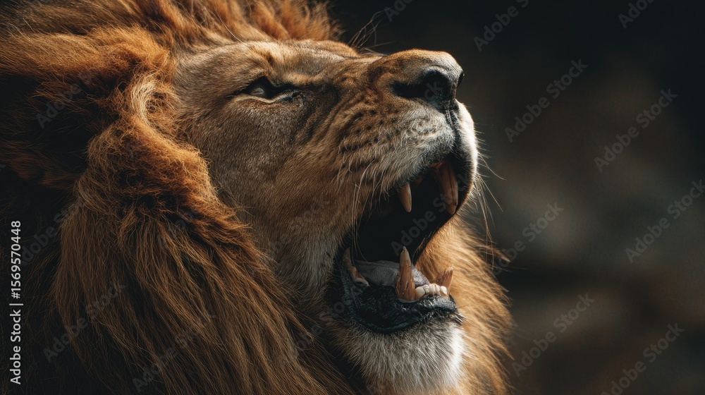 Naklejka premium close-up of lion roaring with mane blowing, color tones: golden tawny, dark brown, and savannah tan