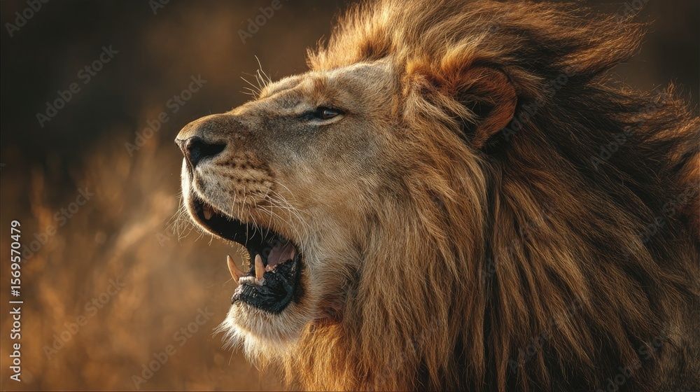 Fototapeta premium close-up of lion roaring with mane blowing, color tones: golden tawny, dark brown, and savannah tan