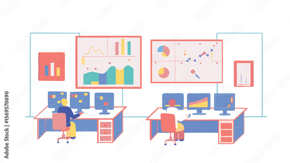 Two offices with people working at desks with multiple monitors and data charts on the wall behind them Two offices with people working at desks with multiple monitors and data charts on the wall behind them