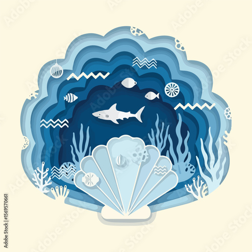 Ocean Life Paper Cut Art Shark, Coral Reef, and Seashell Design