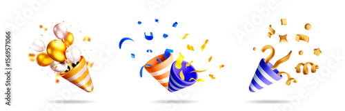 3d vector stock set of party poppers with balloons, confetti, and ribbons. Celebrate birthday, Christmas, New year.
