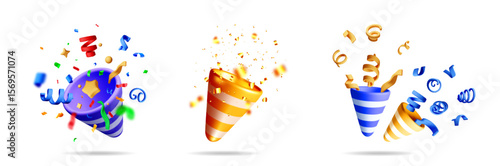 3d vector collection of three party poppers with exploding colorful confetti and ribbons for celebration event.