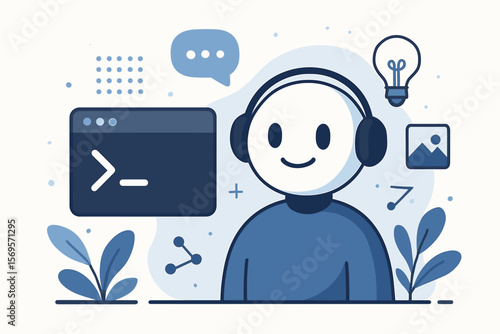 Generative artificial intelligence concept. AI agent intelligent assistant with command prompt interface. Modern flat vector illustration. Machine learning technology, digital innovation
