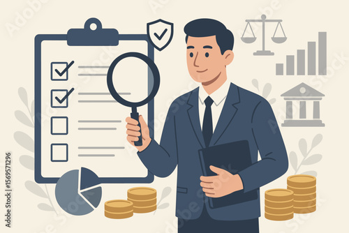 Audit business concept with auditor character. Man with magnifying glass examines financial report. Compliance, regulation,accounting verification, data analysis, and management.