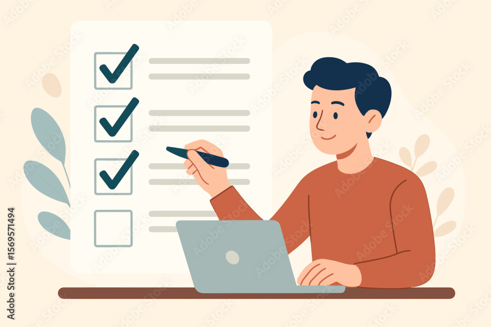 Checklist concept with man checking mark on to-do list. Business person or student at laptop completing tasks. Survey, questionnaire form. Productivity, planning vector illustration. Checklist concept with man checking mark on to-do list. Business person or student at laptop completing tasks. Survey, questionnaire form. Productivity, planning vector illustration.
