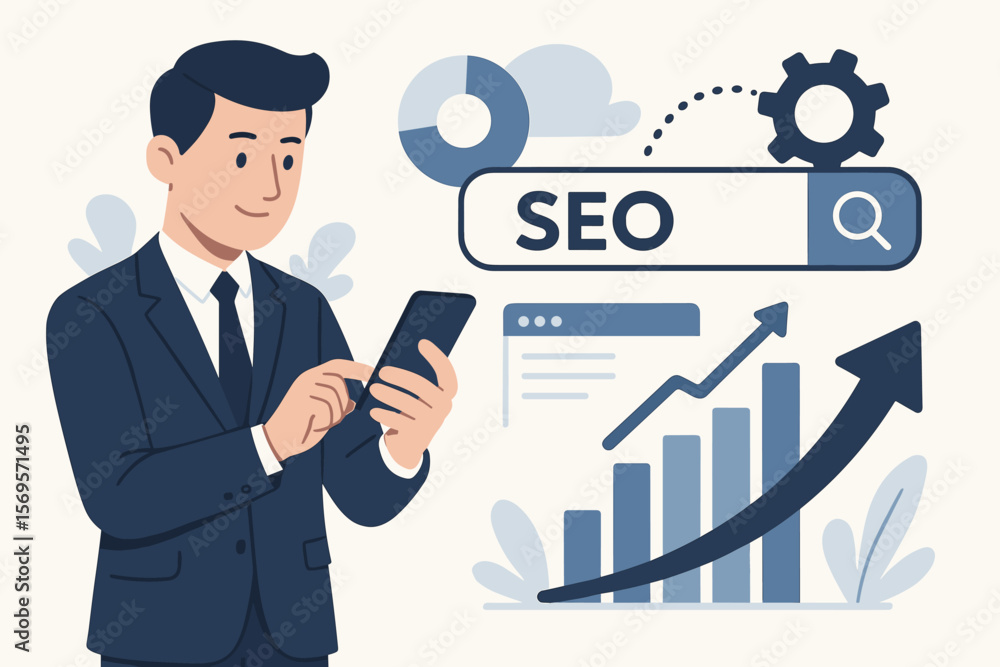 Businessman with phone for SEO analysis. Search engine optimization for website traffic, ranking growth. Digital marketing strategy, data analytics concept. Vector illustration. Businessman with phone for SEO analysis. Search engine optimization for website traffic, ranking growth. Digital marketing strategy, data analytics concept. Vector illustration.