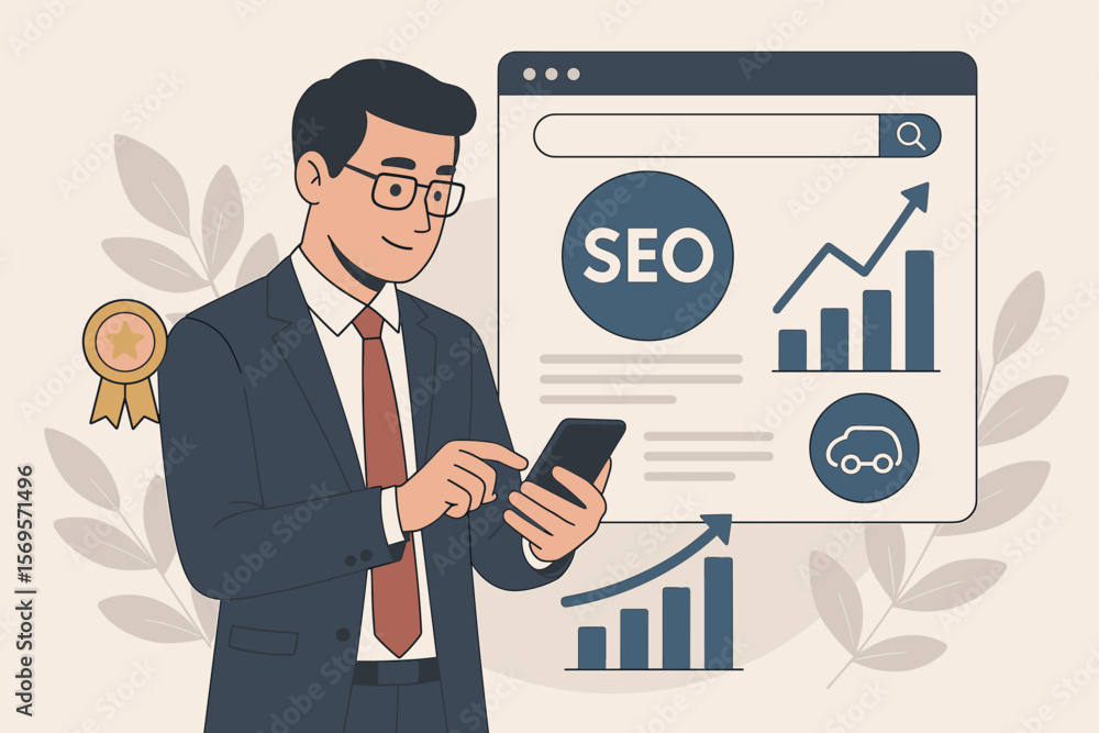 Businessman analyzes SEO performance with smartphone. Search engine optimization concept for digital marketing, website traffic growth, and ranking strategy analysis. Businessman analyzes SEO performance with smartphone. Search engine optimization concept for digital marketing, website traffic growth, and ranking strategy analysis.