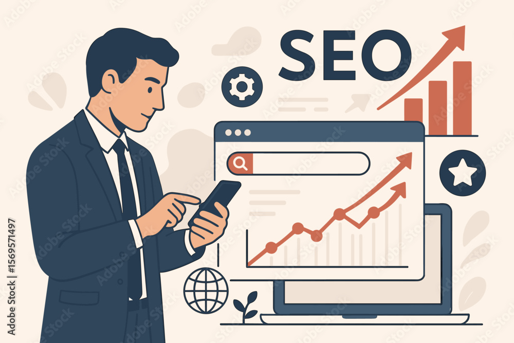 SEO analysis concept. Businessman using smartphone to analyze data. Search engine optimization strategy. Digital marketing for website traffic growth and ranking vector. SEO analysis concept. Businessman using smartphone to analyze data. Search engine optimization strategy. Digital marketing for website traffic growth and ranking vector.