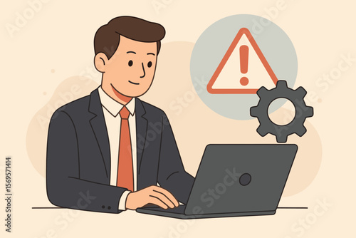 Incident management concept. Businessman with laptop diagnosing and resolving IT problems. Technical support, system error alert, maintenance, troubleshooting and risk management.