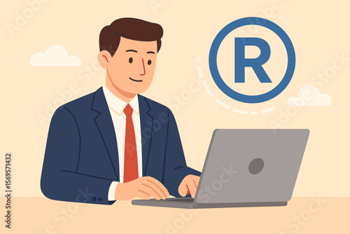 Businessman using laptop for trademark registration. Intellectual property, copyright law, and brand logo protection concept. Patent registration service. Flat vector illustration.