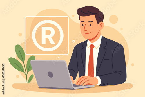 Intellectual property concept. Businessman working on laptop. Register trademark and logo protection. Brand identity, copyright, and patent law. Flat vector cartoon illustration.