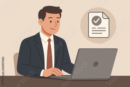 Businessman at computer gets project approval. RFP, request for proposal concept. Successful business contract, document verification, task completed. Modern flat vector illustration.