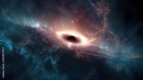 Cosmic Void: A stunning, stylized black hole distorting space-time, surrounded by swirling nebulas and galaxies in a dramatic display of cosmic power.