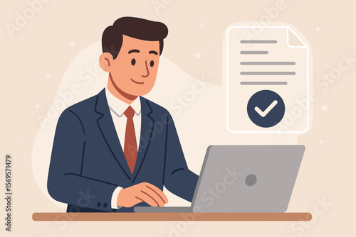 RFP Request for Proposal concept. Businessman using laptop gets document approval. Contract agreement success. Man at computer with check mark. Vector cartoon illustration.