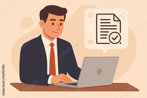 Businessman at laptop working on a digital contract. RFP, Request for Proposal concept. Online document verification and approval with checkmark. Corporate business vector.
