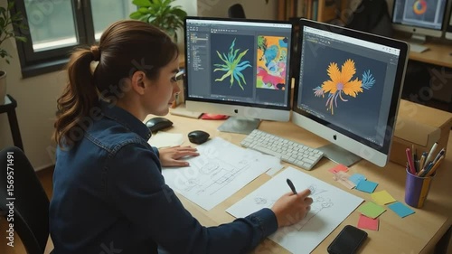 Woman Designing Digital Art on Computer Creating Sketches