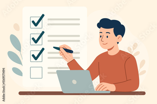 Checklist concept with man checking mark on to-do list. Business person or student at laptop completing tasks. Survey, questionnaire form. Productivity, planning vector illustration.