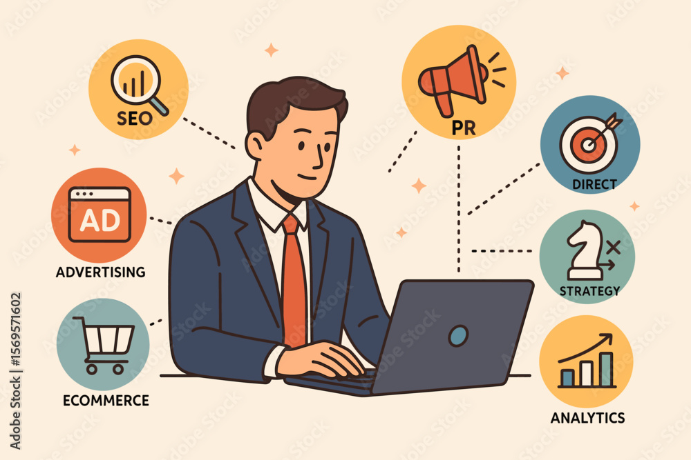 Digital marketing strategy concept. Businessman at laptop with online business icons: SEO, advertising, ecommerce, PR, direct marketing, and analytics. Vector illustration. Digital marketing strategy concept. Businessman at laptop with online business icons: SEO, advertising, ecommerce, PR, direct marketing, and analytics. Vector illustration.