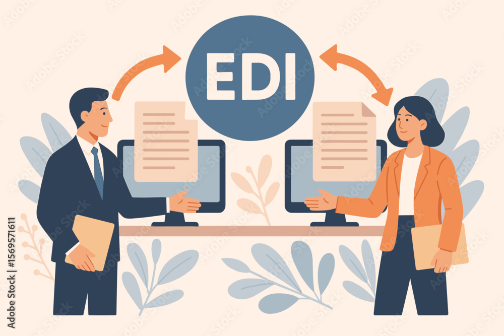 Fototapeta premium Electronic Data Interchange EDI Concept. Platform for Exchanging Digital Business Documents Between Organizations. Modern Flat Vector Illustration Design.
