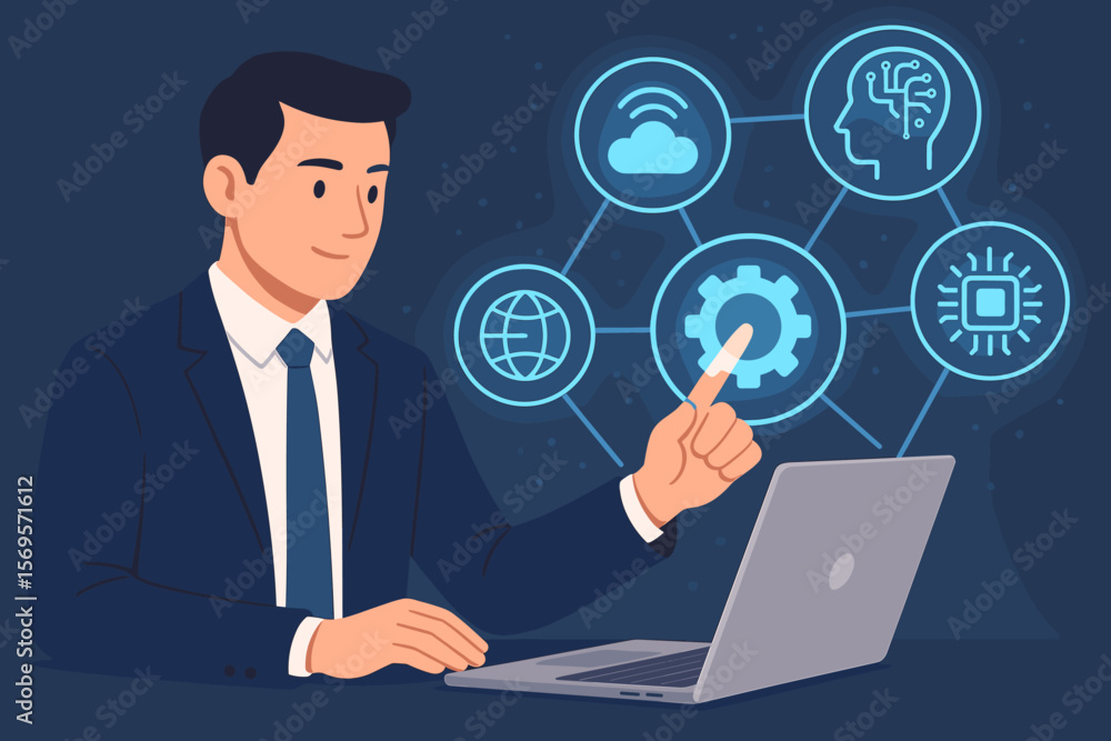 Digital transformation concept. Businessman uses laptop with futuristic interface. AI, IoT, cloud computing, automation icons for global business strategy and network innovation. Digital transformation concept. Businessman uses laptop with futuristic interface. AI, IoT, cloud computing, automation icons for global business strategy and network innovation.