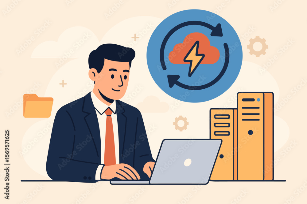 Disaster recovery plan and business continuity concept. IT administrator restoring critical server data from cloud backup. System protection and technology risk management. Disaster recovery plan and business continuity concept. IT administrator restoring critical server data from cloud backup. System protection and technology risk management.