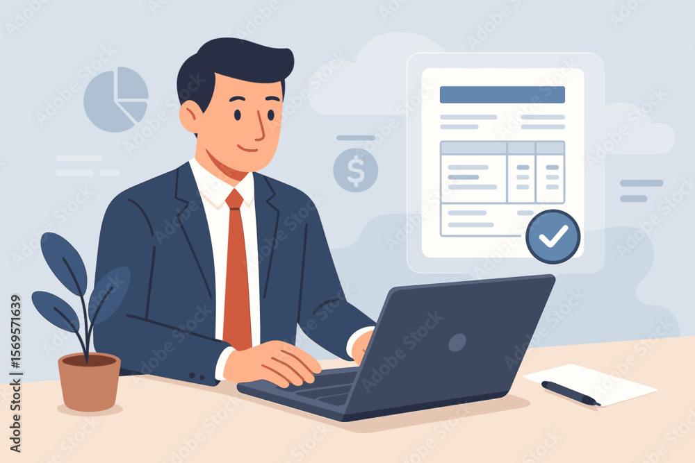 E-invoice and online digital statement concept. Businessman at desk using computer for digital payment, accounting, and bookkeeping. Financial management with virtual document. E-invoice and online digital statement concept. Businessman at desk using computer for digital payment, accounting, and bookkeeping. Financial management with virtual document.