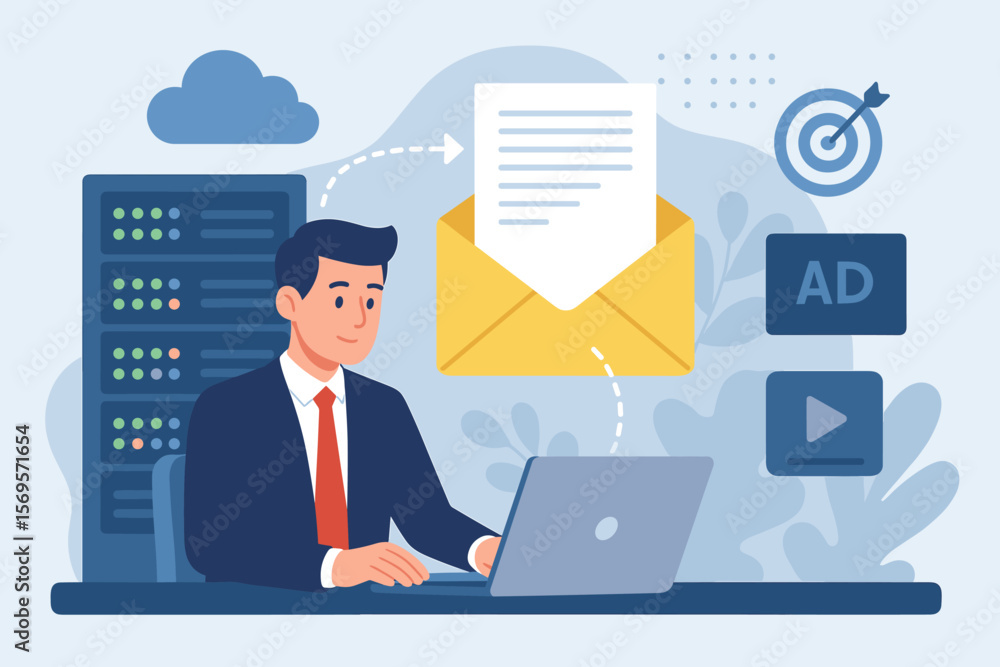 Email marketing campaign concept. Businessman at computer sends newsletter. Digital advertising, data center, cloud computing, targeted ads. Flat vector business illustration. Email marketing campaign concept. Businessman at computer sends newsletter. Digital advertising, data center, cloud computing, targeted ads. Flat vector business illustration.