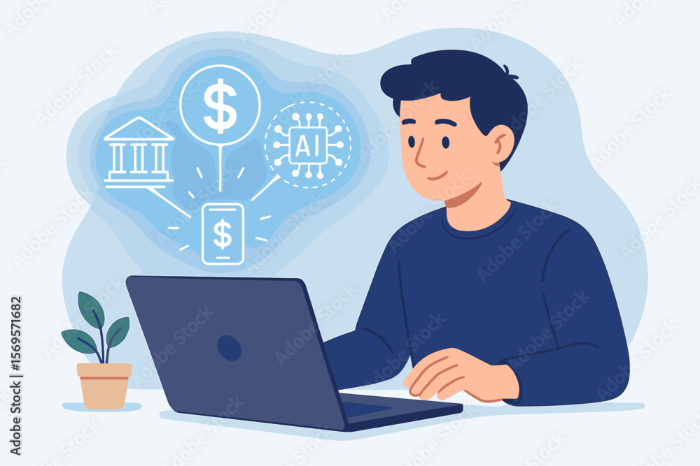 FinTech financial technology concept. Man with laptop doing digital banking, online finance management. Artificial intelligence in investment. Mobile payment transaction icon. FinTech financial technology concept. Man with laptop doing digital banking, online finance management. Artificial intelligence in investment. Mobile payment transaction icon.