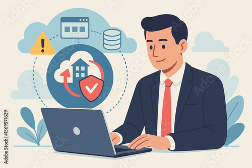 Disaster recovery concept and business continuity plan. IT system protection, data backup and restore. Man at laptop managing cloud security, emergency server risk and safety.