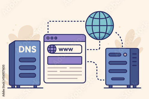 DNS domain name system and web server network concept. Domain registration, website name, URL address, and web page hosting for website creation. Modern flat vector tech.