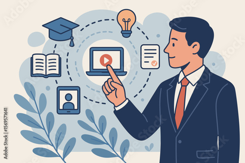 E-learning concept with businessman using virtual training interface. Online education, professional development, webinar, digital course and knowledge for corporate growth.