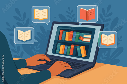 Digital library and e-learning concept. Person using laptop for online education and research. Accessing ebooks and knowledge base on the internet. Modern distance learning.