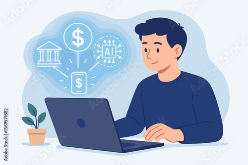 FinTech financial technology concept. Man with laptop doing digital banking, online finance management. Artificial intelligence in investment. Mobile payment transaction icon.