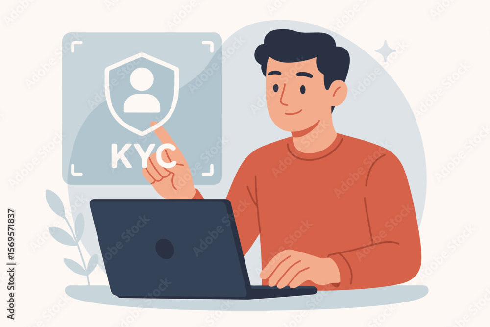 Know Your Customer KYC business concept. User at laptop with virtual screen for client identification, data verification, and security. Anti-money laundering AML compliance. Know Your Customer KYC business concept. User at laptop with virtual screen for client identification, data verification, and security. Anti-money laundering AML compliance.