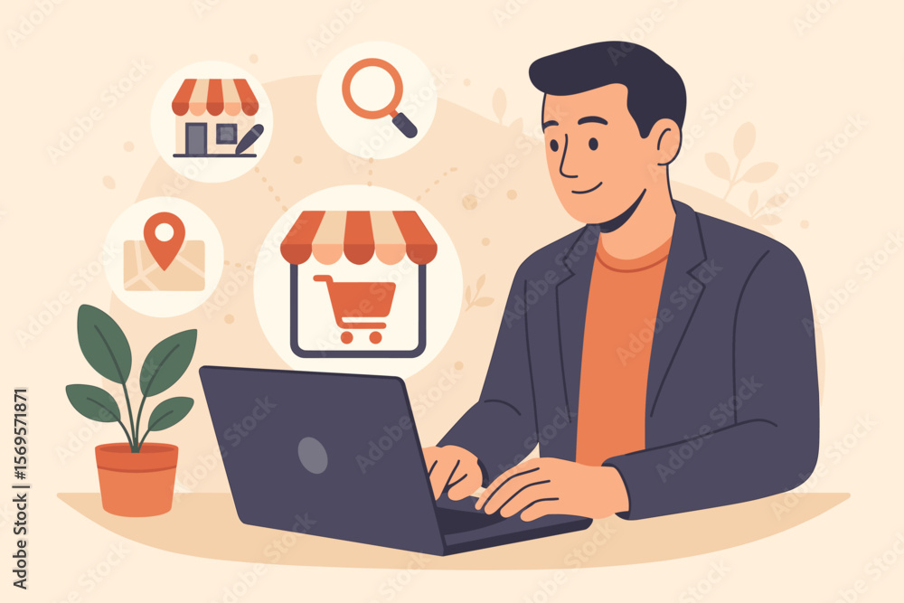 Local marketplace e-commerce strategy, small business retail, local SEO optimization, online shopping, businessman using laptop, digital marketing, store location icons Local marketplace e-commerce strategy, small business retail, local SEO optimization, online shopping, businessman using laptop, digital marketing, store location icons