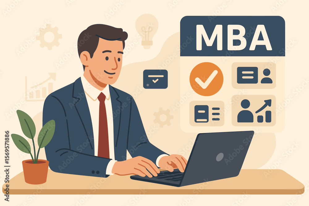 MBA Master of Business Administration program concept. Businessman at laptop selecting MBA course. Business management skills, leadership, career growth, online education, flat design MBA Master of Business Administration program concept. Businessman at laptop selecting MBA course. Business management skills, leadership, career growth, online education, flat design