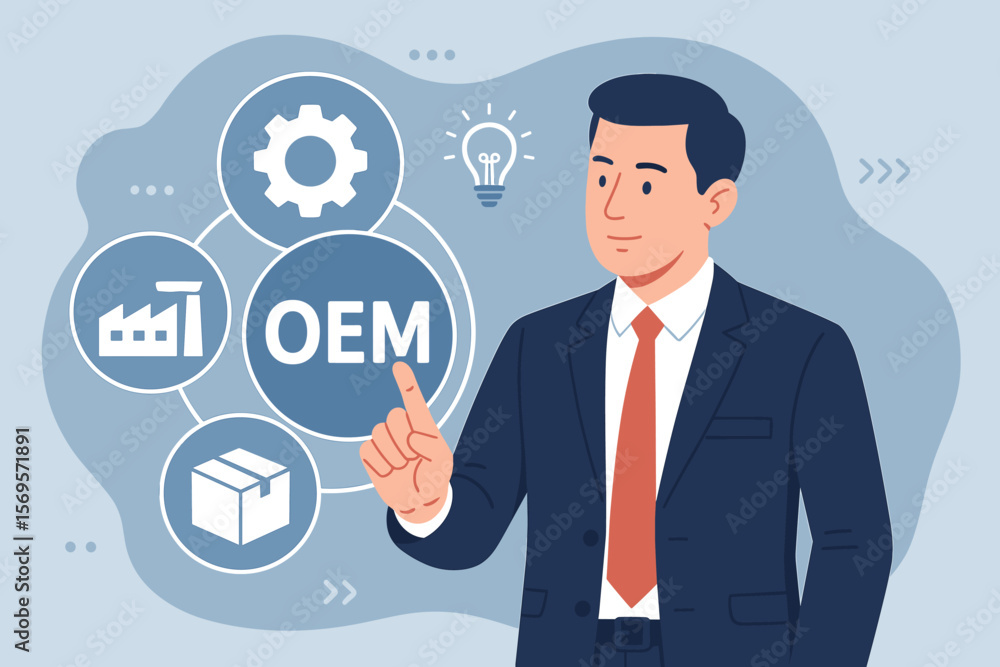 OEM Original Equipment Manufacturer Concept Businessman Touching Virtual Interface Icons for Product Planning, Brand Production, Manufacturing Strategy, Industrial Solutions OEM Original Equipment Manufacturer Concept Businessman Touching Virtual Interface Icons for Product Planning, Brand Production, Manufacturing Strategy, Industrial Solutions