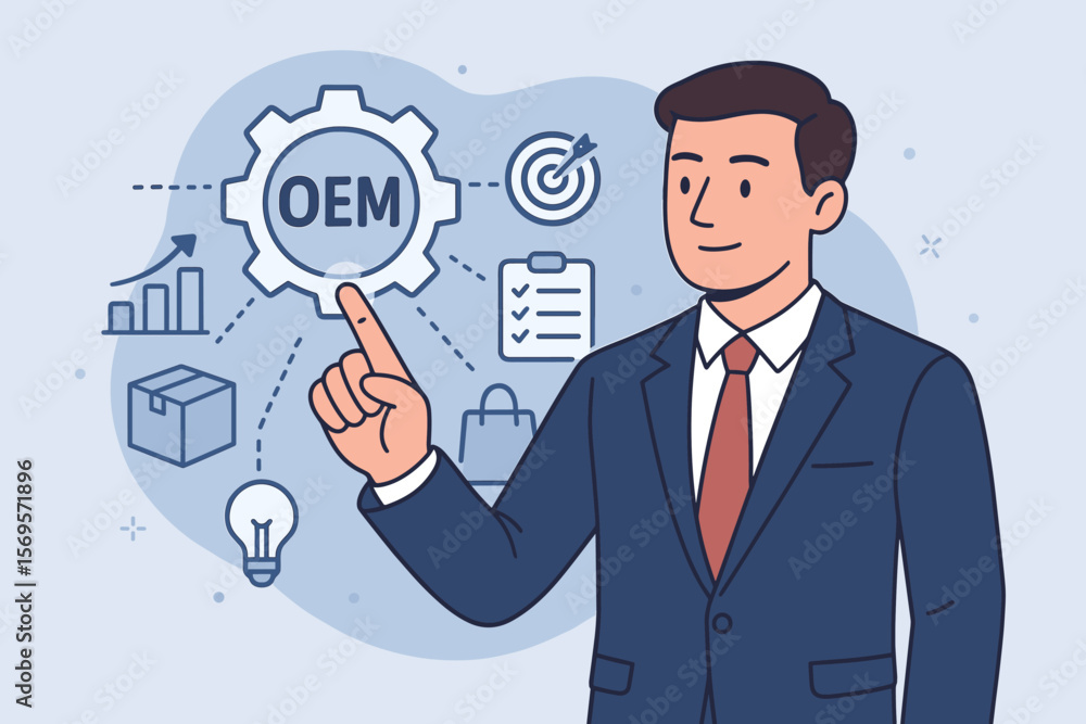 OEM Original Equipment Manufacturer concept. Businessman in suit touching virtual gear icon. Strategy planning, product branding, supply chain, logistics, business innovation, flat vector OEM Original Equipment Manufacturer concept. Businessman in suit touching virtual gear icon. Strategy planning, product branding, supply chain, logistics, business innovation, flat vector