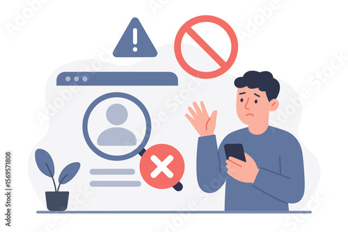 KYC verification failed. Man with phone has authentication error. Access denied, account blocked. User profile rejected. Digital identity security problem. Data check failing.
