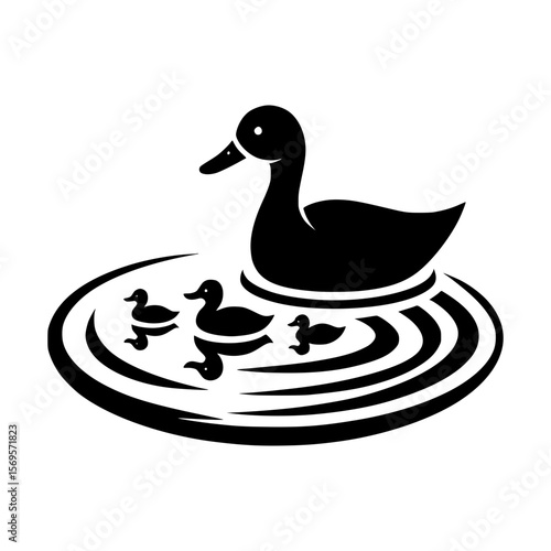 Stylized black silhouette of a mother duck and three ducklings swimming in rippling water