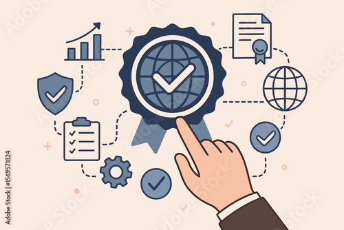 ISO standards quality control concept for business. International certification, assurance, and warranty. Global standardization compliance and regulation policy with certified seal.