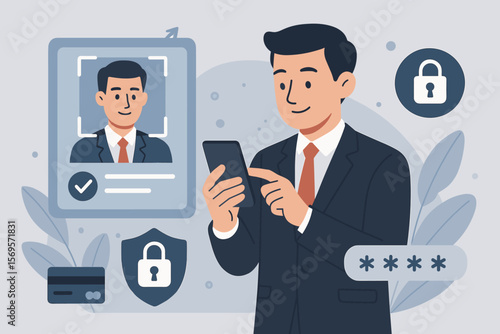 Know Your Customer KYC concept. Businessman using smartphone for identity verification system. Facial recognition technology for financial security and secure authentication. Biometric access.