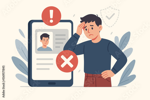KYC verification failed concept. Frustrated man with rejected identity document on smartphone. User profile authentication error, access denied notification. Data security problem.