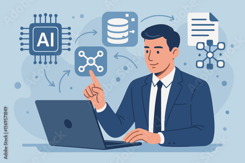 LLM, large language model concept with a businessman using a laptop. Generative AI, big data, data transfer, natural language processing, and data mining workflow illustration.