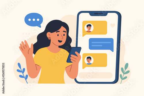 Woman chatting on smartphone app, online messaging, instant communication, social media conversation, mobile chat interface, digital interaction, modern flat vector illustration