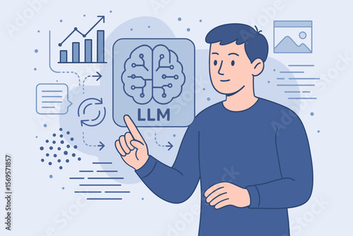 Large Language Model LLM AI Concept, Generative Artificial Intelligence, Big Data Analysis, Data Mining, Data Transfer, Natural Language Processing, Technology Illustration
